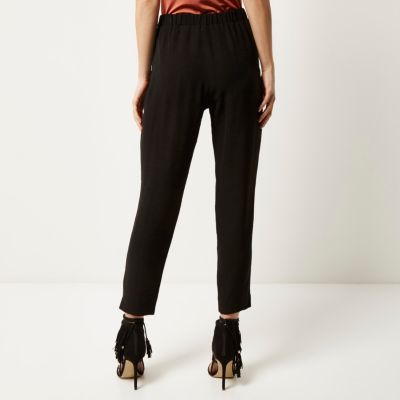 Black soft tie waist tapered trousers